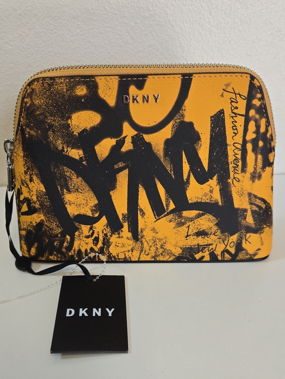 NWT DKNY Orange & Black Graffiti Leather Cosmetic Case Pouch